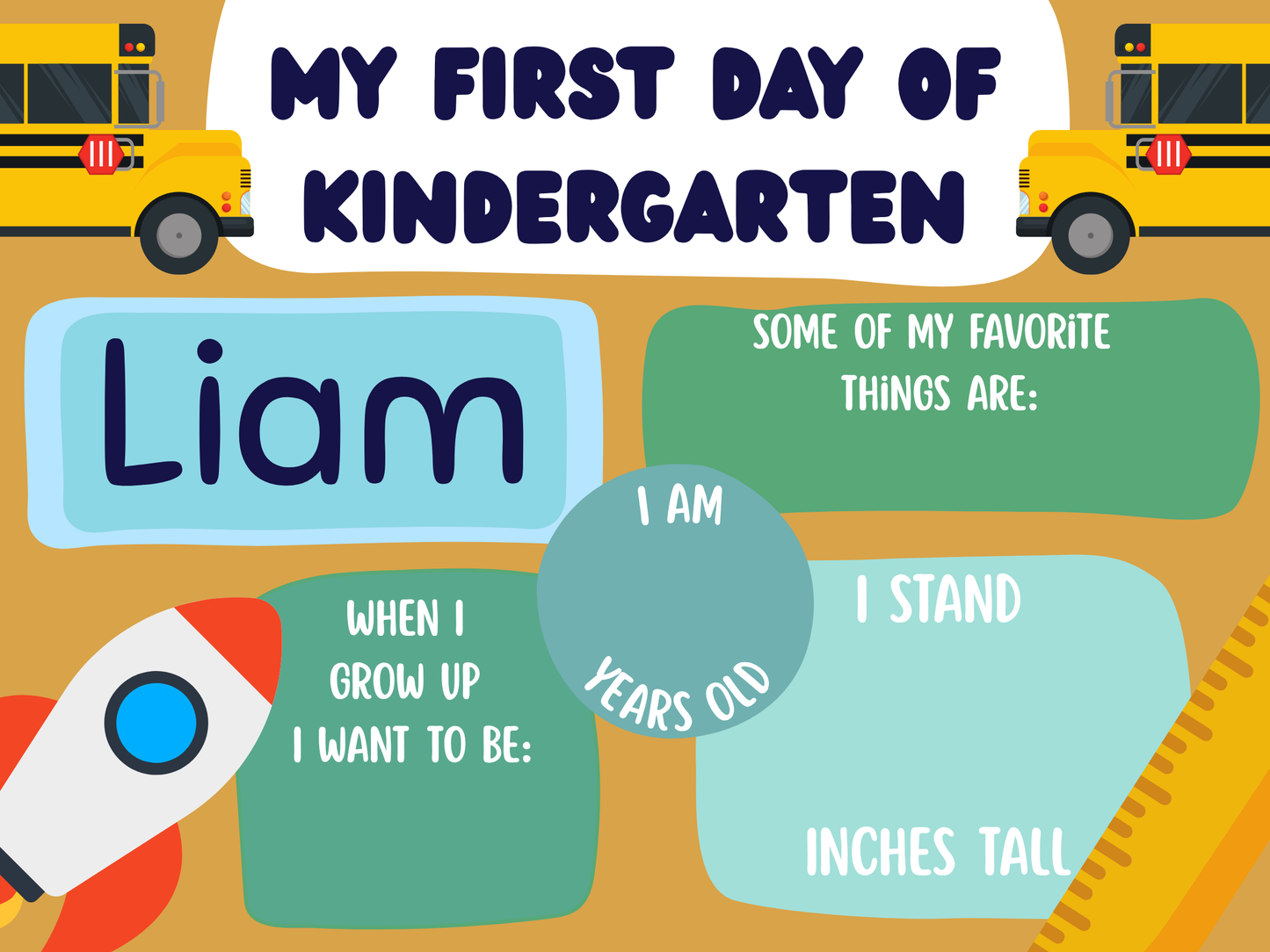 Children's poster for the first day of kindergarten with a yellow school bus and space rocket illustration.